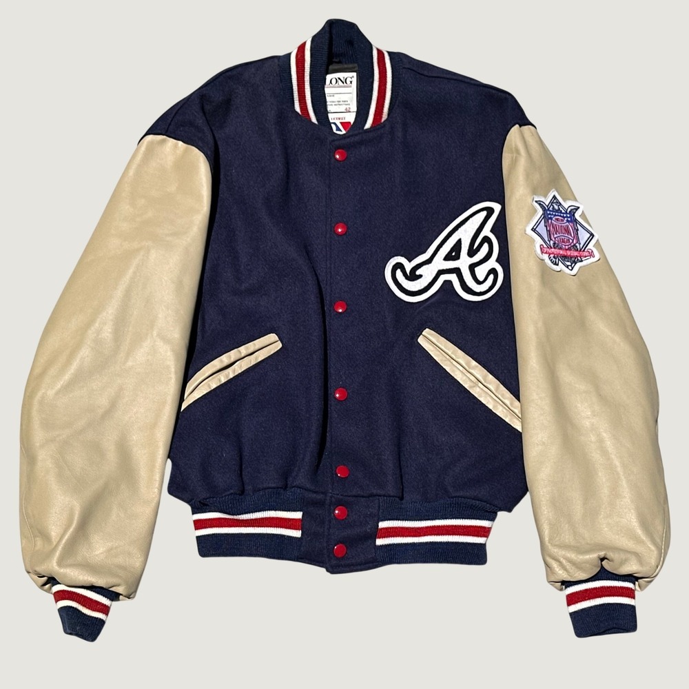 Vintage DeLONG Atlanta Braves Varsity Jacket Navy Blue Leather Wool Mens 42 MLB